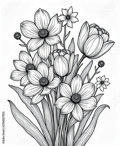 Elegant Black and White Line Drawing of Various Blooming Flowers and Foliage