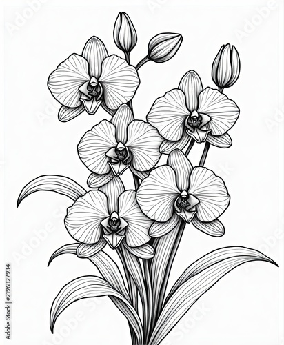 Elegant Black and White Line Drawing of Orchid Flowers and Foliage