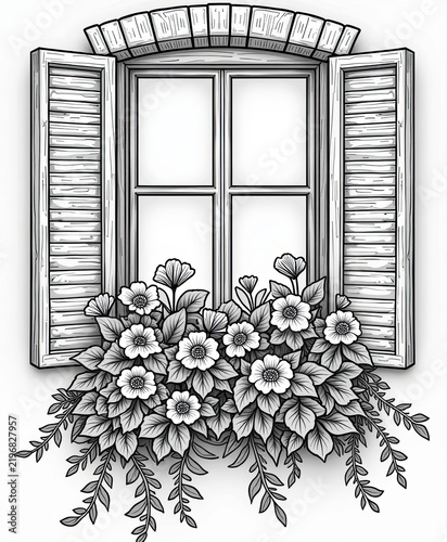 Vintage Window with Flower Box and Shutters in Black and White Illustration