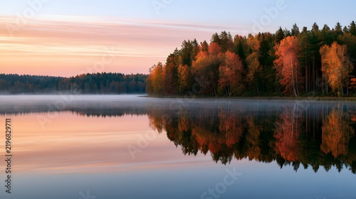 Peaceful autumn landscape with colorful forest and misty lake at dawn