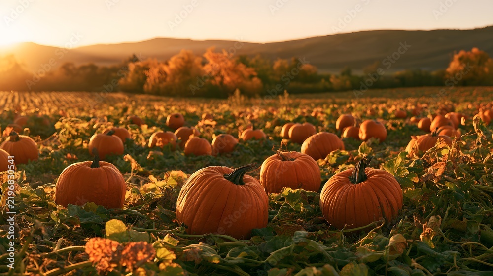 Obraz premium Scenic autumn pumpkin patch at sunset with golden light over rolling hills