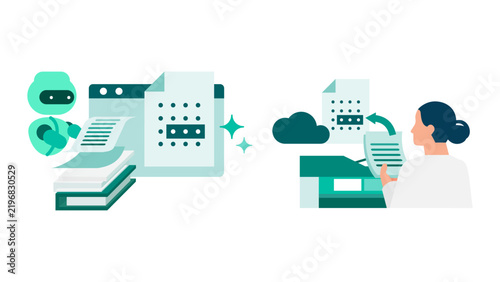 Extracting text from physical invoices using advanced optical recognition, an AI scanner assistant streamlines document digitizing for a female employee operating a multifunction printer