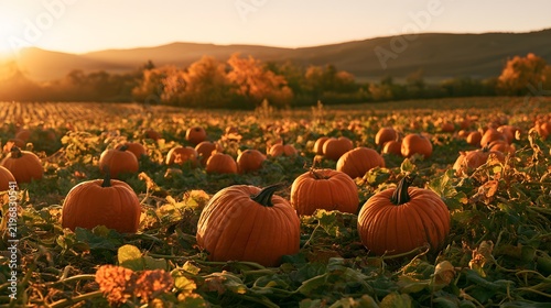 Scenic autumn pumpkin patch at sunset with golden light over rolling hills