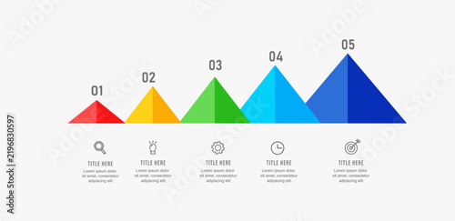 Modern 5 steps horizontal ascending mountain pyramid infographic template for presentation vector design