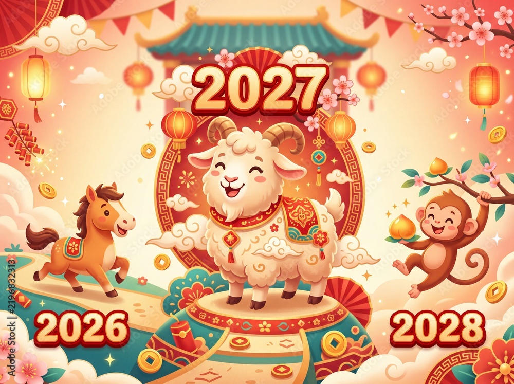 Fototapeta premium Chinese zodiac transition concept showing a large elegant goat as the central figure with bold 2027, 2026 a horse, and 2028 behind a monkey