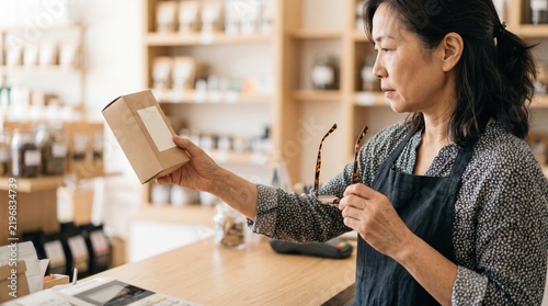 presbyopia woman stress fatigue concept. Woman examining a package in a cozy shop environment.