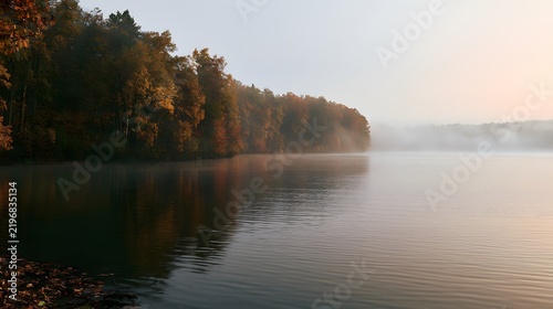 Early morning mist over a lake surrounded by autumn forest