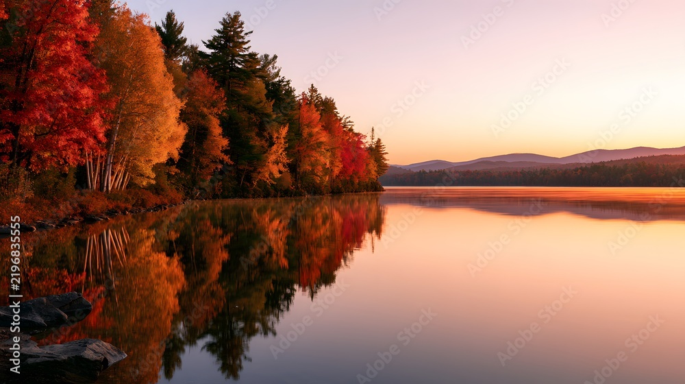 Obraz premium Stunning autumn forest with bright red and orange trees reflecting in a mirror lake