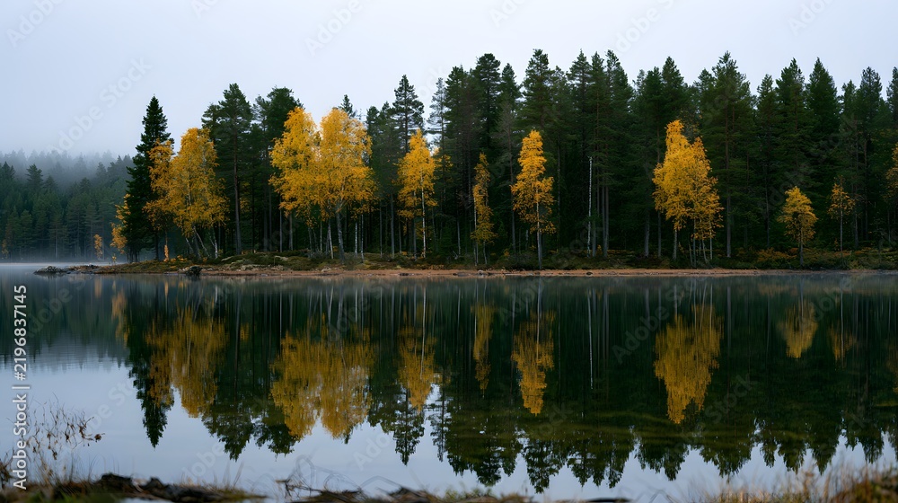 Fototapeta premium Stunning autumn view of golden birch trees along a tranquil forest lake with misty water reflections
