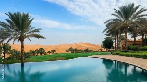 A person relaxes by the infinity pool surrounded by palm trees and desert dunes under a clear blue sky