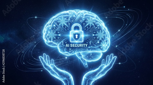 Artificial intelligence security and data protection, digital human brain model protected by a glowing padlock symbol