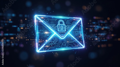 Glowing neon envelope with a lock icon representing email security, data encryption, and cyber protection on digital background.
