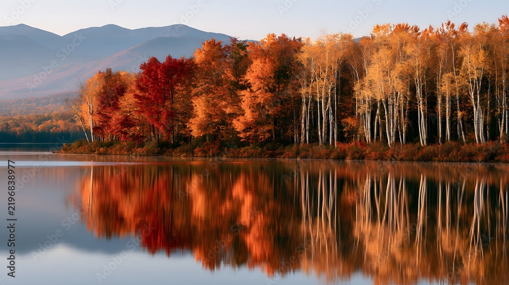 Obraz premium Stunning autumn foliage and birch trees along a serene lake with mountain view