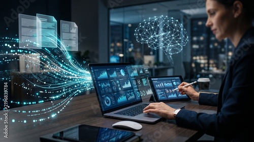 Business analyst working on corporate data strategy with artificial intelligence visualization holographic interface on a dark modern office desktop workspace