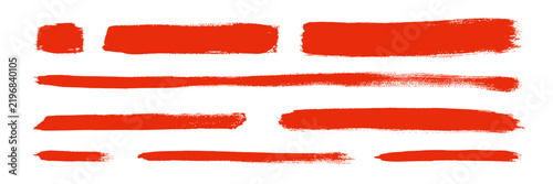 Hand drawn marker red line set and brush stroke create vibrant underlined element with textured paint grunge effect. Vector collection for creative graphic design and artistic project. Crayon scribble