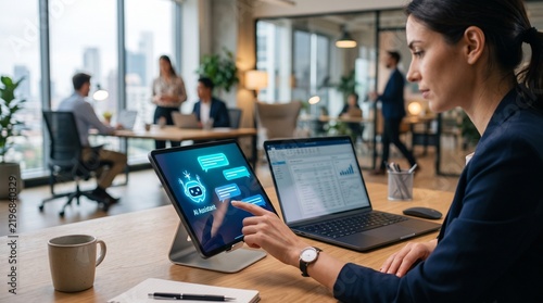 Businesswoman using artificial intelligence assistant on tablet inside modern corporate office with colleagues working in background near city windows