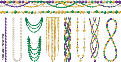 Mardi Gras Carnival Beads Vector Illustration Set featuring Traditional Festive Necklace Strands Garlands and Borders for New Orleans Celebration Graphic Designs
