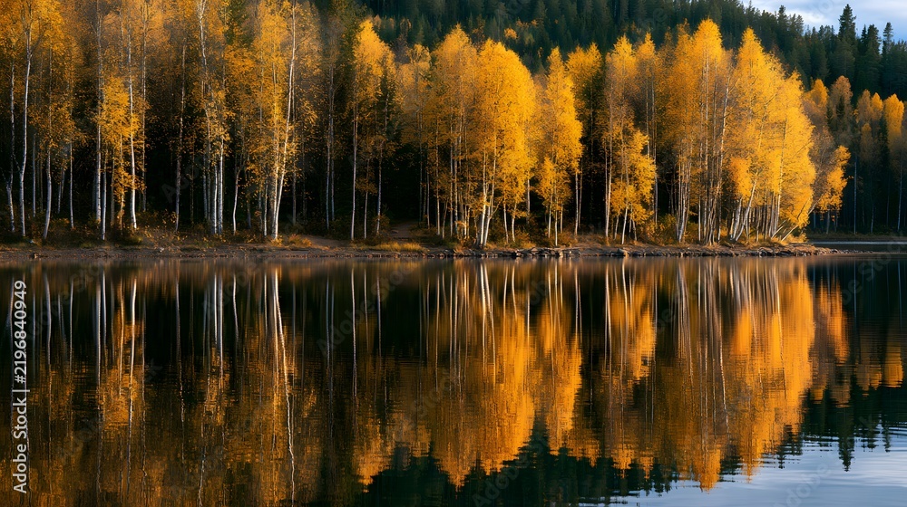 Obraz premium Golden autumn birch trees reflected perfectly in tranquil lake water under a clear sky, serene fall landscape