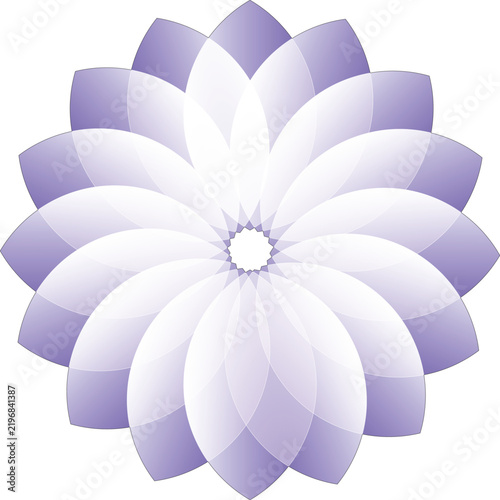 Symmetrical purple lotus flower mandala vector line art emblem isolated on white background
