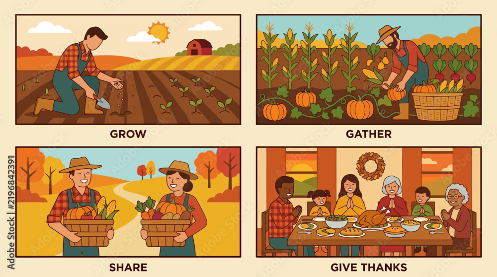 Fototapeta premium Seasonal harvest cycle from planting to gratitude in rural setting