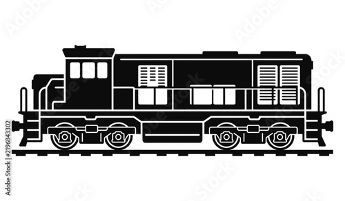 Detailed black diesel locomotive train engine side view vector icon.