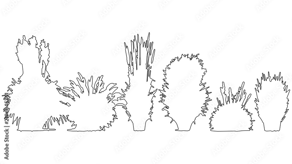 Obraz premium Set of architectural plants bushes and grass vectors in cad style isolated on transparent background