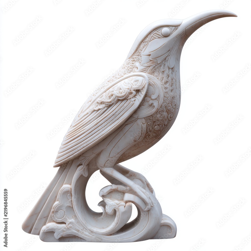 Fototapeta premium Intricately Carved White Stone Hummingbird Statue Isolated On Plain Background