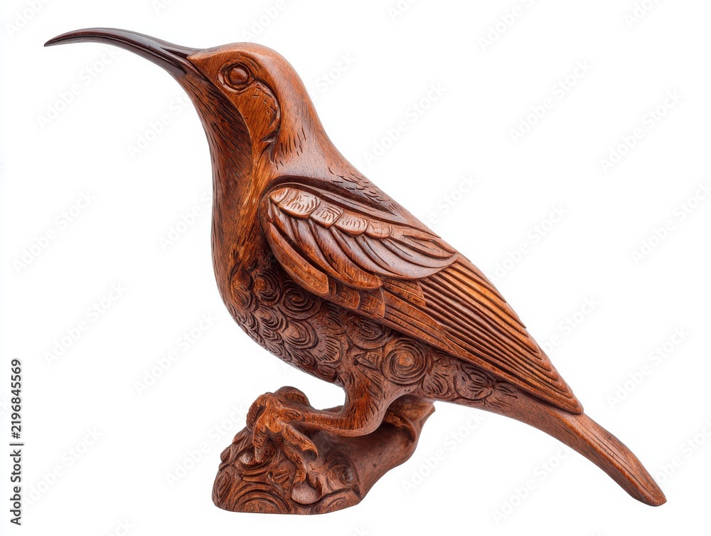 Obraz premium Intricately Carved Wooden Hummingbird Sculpture On A Branch Isolated Against Plain White Background