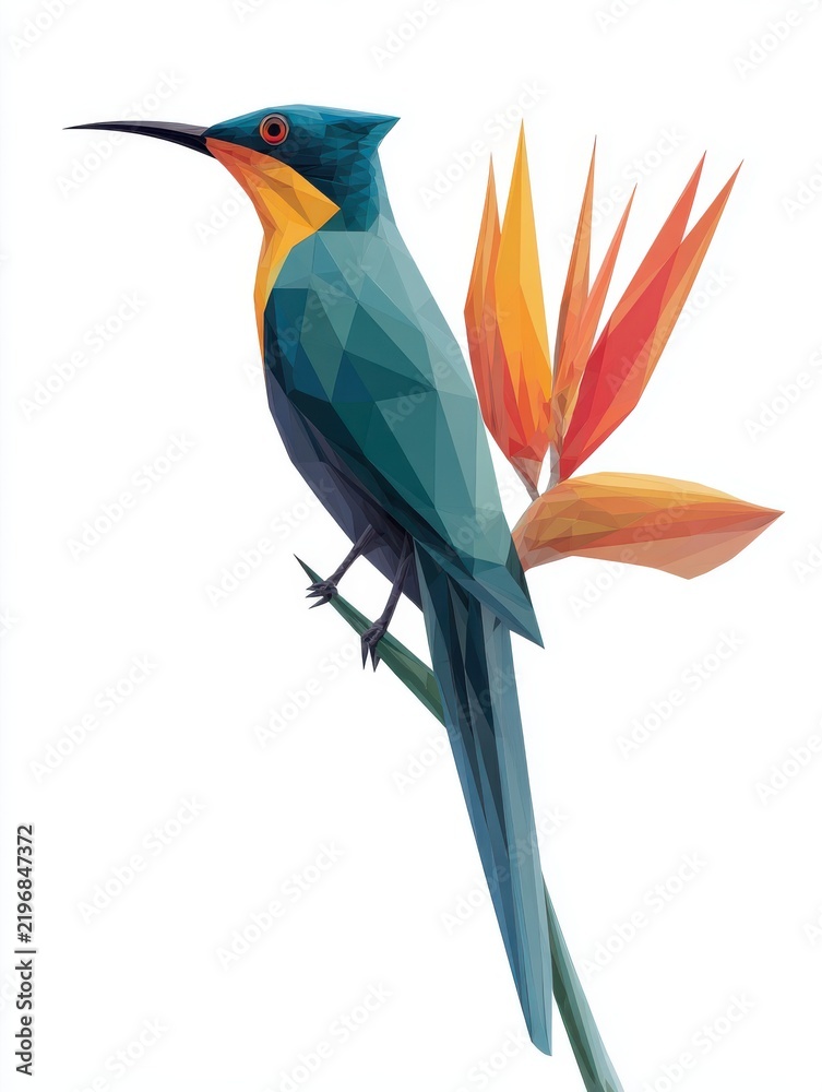 Obraz premium Low Poly Geometric Hummingbird Perched On A Strelitzia Bird Of Paradise Flower Isolated On White