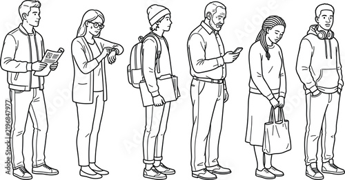 Diverse People Standing in Queue Vector Illustration Set with Characters Waiting in Line for Business and Service Layouts
