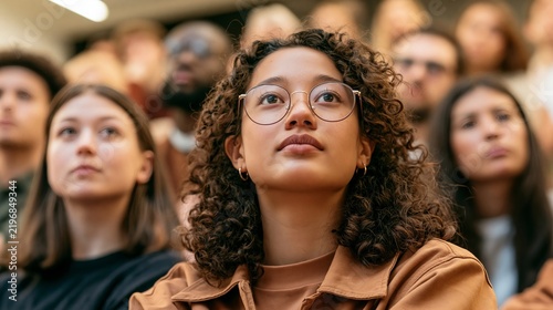 Young woman with curly hair and glasses looking up attentively in a crowded university lecture