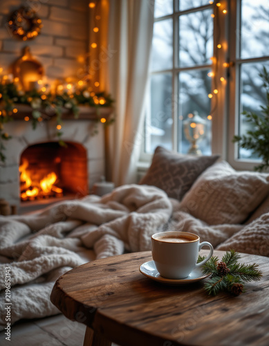 Cozy winter living room with warm fireplace, soft blankets, and cup of coffee on wooden table creating peaceful and inviting atmosphere