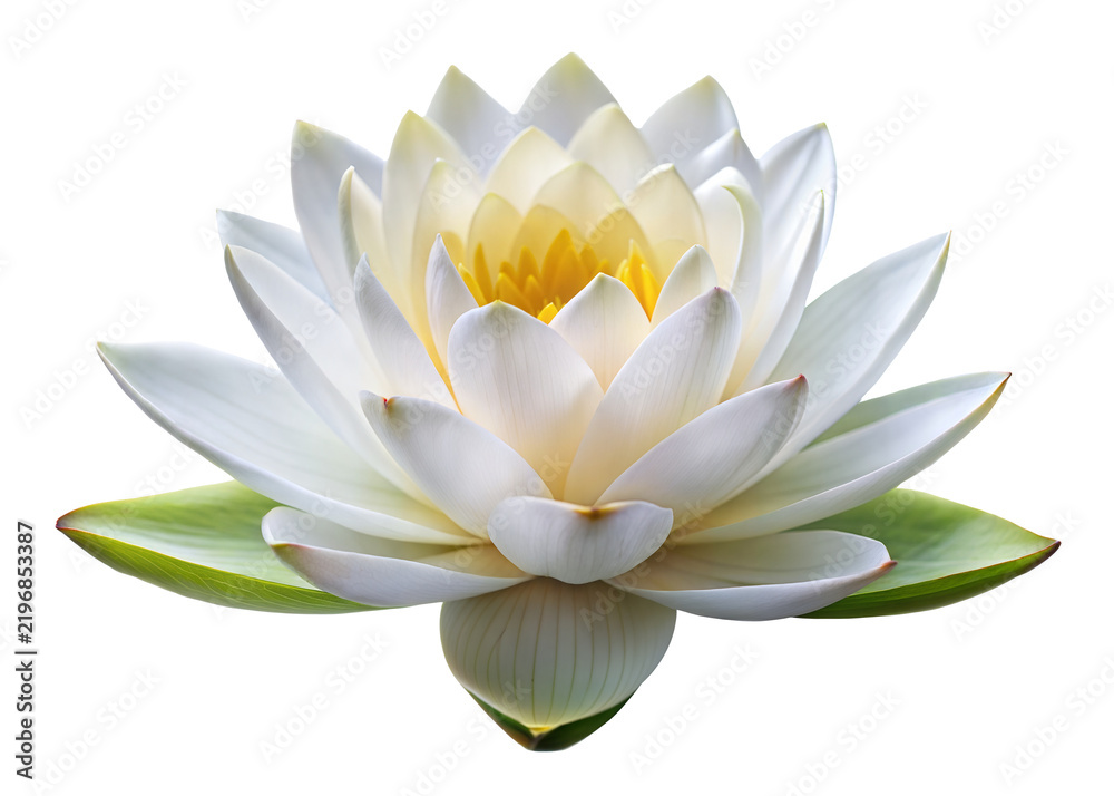 Obraz premium White lotus flower with yellow center, isolated on transparent