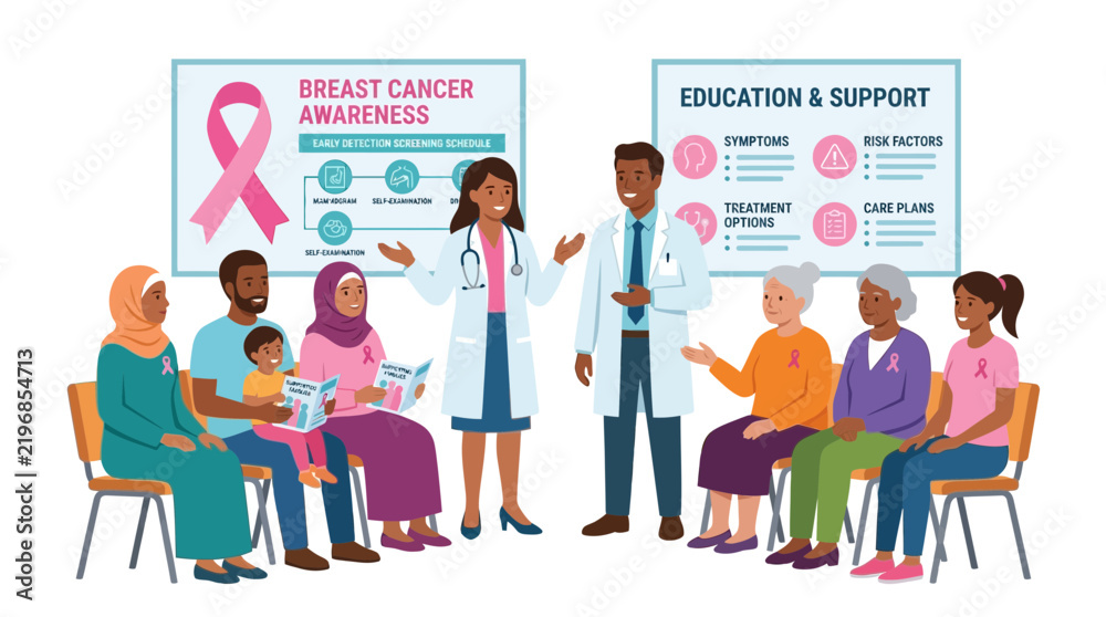 Obraz premium Diverse group attends breast cancer awareness and education session with doctors