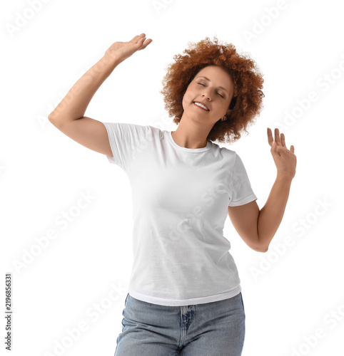 Фотография Mindfulness and stress relief, happy woman with curly hair relaxing and stretchi