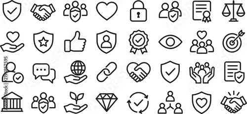 A beautifully designed set of simple linear icons depicting concepts of love safety trust strong relationships and emotional support in a minimalist fashion
