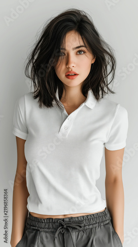 Attractive Woman In White Polo Shirt Standing Hands In Pockets Studio
