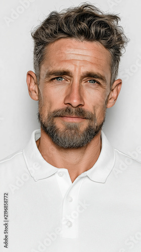 Mature Man Wearing White Polo Shirt Posing For Headshot Portrait In Studio