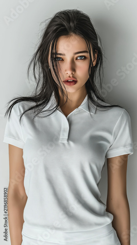 Beautiful Woman In White Polo Shirt Standing Posing In Studio Portrait