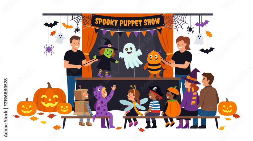 Fototapeta premium Children Enjoy Spooky Halloween Puppet Show with Costumed Characters and Pumpkins