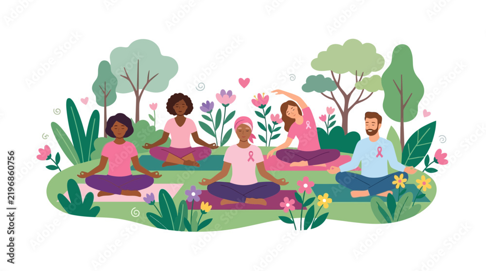 Fototapeta premium Diverse Group Practicing Yoga Outdoors with Breast Cancer Awareness Ribbons