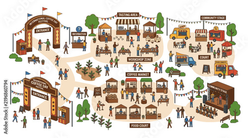 Illustration of a vibrant outdoor festival with food trucks, market stalls, and a community stage.