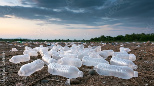Plastic waste covers dry ground under a dramatic sky, depicting global environmental degradation and ecological concerns