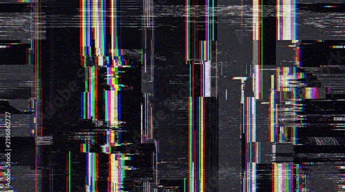 High tech digital glitch screen texture background featuring colorful vertical signal noise bars and pixel block distortion effect for video stream broadcast banner poster background