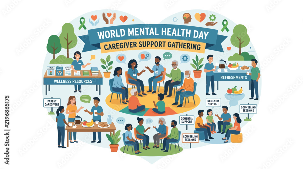 Fototapeta premium Mental Health Support Gathering: Caregiver Community, Wellness Resources, Refreshments