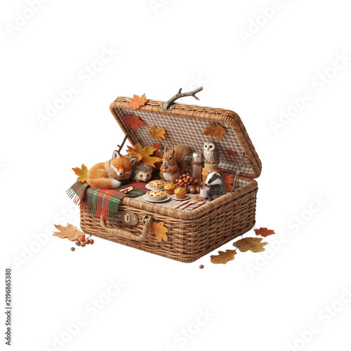 3D Autumn Picnic Basket With Tiny Woodland Characters Inside, cute commercial illustration, highly detailed, on white background