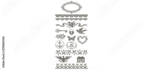 Cross stitch. Embroidery elements. Trendy vintage lace stitched ornate frames, floral borders, coquette bow, handcrafted flower for poster, card design. Vector set