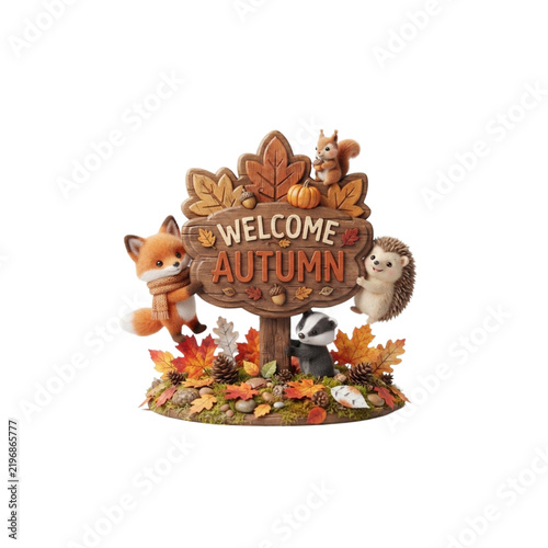 3D Wooden Autumn Sign Held by Tiny Woodland Animals, cute seasonal concept, clean polished 3D render, on white background