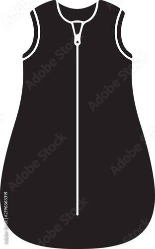 Black baby sleep sack icon with front zipper for infant swaddle safety and comfortable night rest.