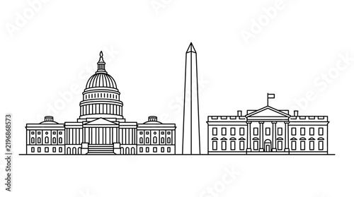 Minimalist vector line art of Washington DC skyline featuring the United States Capitol Building, the Washington Monument obelisk, and the White House against a white background.